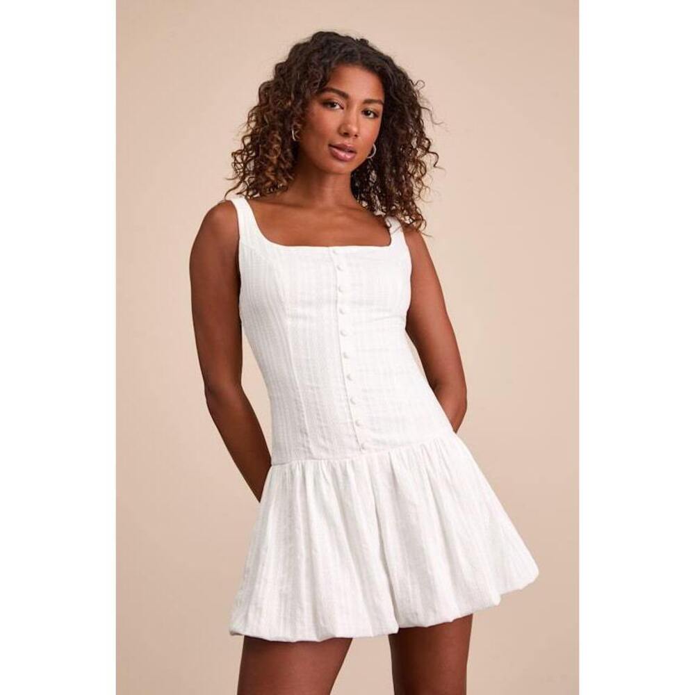 Lulus Khamari White Textured Drop Waist Bubble-hem Mini Dress - Size XS